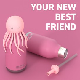 asobu Bestie Bottle Insulated Stainless Steel Water Bottle with Detachable Soft Animal Head Fun Drinking For Kids and Teens with Flexible Reusable Straw 16 Ounce (Jellyfish Pink)