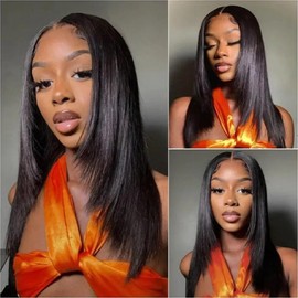 Straight Wear And Go Glueless Wig Synthetic Layered Wigs For Black Women Pre Plucked Pre Cut 4x4 Lace Front Wigs Long Straight Wigs For Daily Use (natural black)