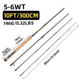 Fly Fishing Rod, Carbon Fiber, 9ft to 10ft, 5/6wt to 7/8wt, 4 Piece Sections, Lightweight, Medium-Fast Action, Cork Grip, Hard Chromed Guides, Freshwater Bass Trout Fishing (10ft 5-6wt)