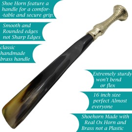 Shoe Horn Made with Real Horn Handmade. Easy Grip Long Brass handle Shoehorn for Men,Women Seniors, Pregnancy, Elderly, back pain, tall people and kids Shoes & Boots. Home or Travel .(16''brass)