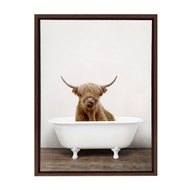Kate and Laurel Sylvie Highland Cow in Tub Color Framed Canvas Wall Art by Amy Peterson Art Studio, 18 x 24, Brown, Bathroom or Laundry Room Art