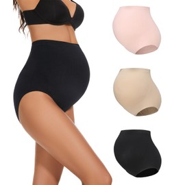 KUNINDOME Seamless Maternity Underwear over Bump, 3 Pack, Black + Nude + Pink, Medium