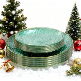 SUT 36Pcs Green Christmas Plastic Plates, Hammered Plates Disposable Heavy Duty, Green Disposable Plates With Gold Rim, Fancy Plastic plates Include 18 Dinner and 18 Dessert plates for Christmas