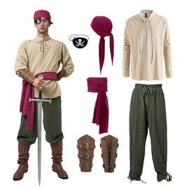 Faynore 7 Pcs Mens Pirate Costume Set Renaissance Outfit Medieval Viking Shirt Banded Pants Pirate Head Scarf Sash Belt Eye Patch (Khaki + Army Green, Medium)