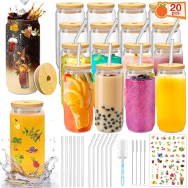 PeacePeo Glass Cups with Lids and Straws 20 Pcs 16 oz Ice Coffee Cup Skinny and Long Can Beer Cups Set Drinking Glasses with Bamboo Lids Reusable Glass Cups Ideal for Smoothies & Beverages