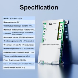 JKBMS Smart BMS 4S-8S 12V-24V 300A 2A Active Balance Build-in Bluetooth with Heat CAN RS485 PCB Battery Protection Board for LiFePO4 Li-ion LTO Battery Pack (JK-B2A8S30P-HC)