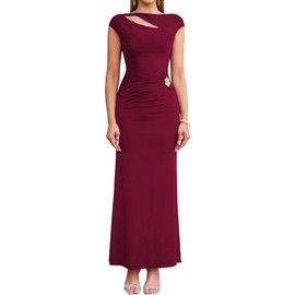 KUTUMAI Women Ruched Bodycon Maxi Dress Elegant Cutout Cap Sleeve Long Formal Cocktail Party Wedding Guest Dresses Wine M