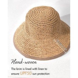 FURTALK Summer Straw Beach Sun Hats for Women UPF 50 Floppy Wide Brim Travel Bucket Hat Foldable Packable Khaki