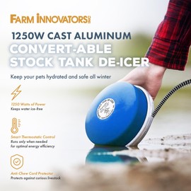 Farm Innovators H-418C Cast Aluminum 1250 Watt Convert-Able Floating and Submergible Tank De-Icer with Chew Proof Cord and Self Regulating Thermostat