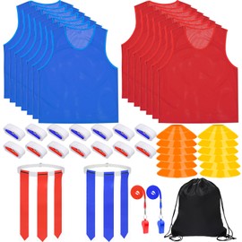 14 Player 3 Flag Football Set flags football Flags 14 Nylon Mesh Pinnies Jerseys 14 Football Belt 12 Cones for Teens Training (Red, Blue)