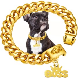 15mm Wide Gold Dog Chain Collar with Pendant Tag,18K Gold Plated Stainless Steel Walking Metal Cuban Link Chains Collars Strong Chew Proof for Small Medium Dogs(14inch)
