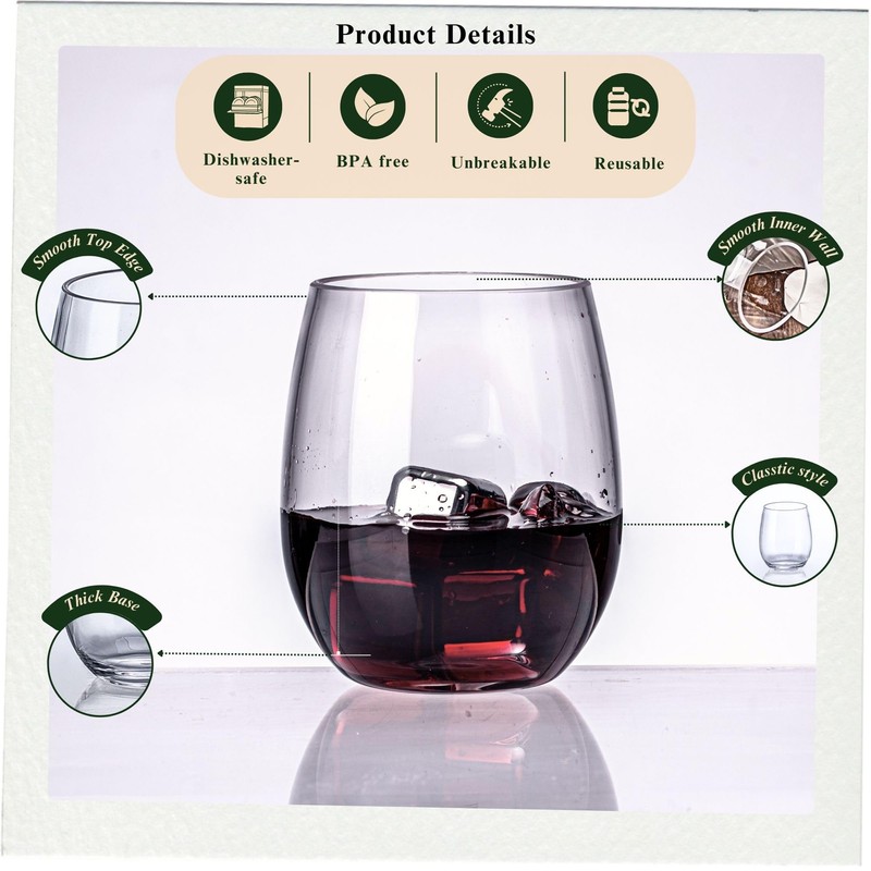 MIYOPESI 18oz Clear Stemless Wines Cups (Set of 8), Shatter-Proof