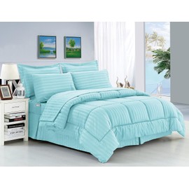 Elegant Comfort Silky Soft 8-Piece Dobby Stripe Bed-in-a-Bag Comforter Set, Includes 4pc Smart Sheet Set, Bed Skirt, Comforter, Matching Pillowcases and Shams - Twin/Twin XL, Light Blue