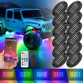 Metal Dreamcolor Chasing RGB-IC LED Rock Lights with APP/RF Remote Control, 12Pods Addressable Underglow Lights Multicolor Neon High Brights Underbody Lights Waterproof 12V for Jeep Trucks UTV Golf