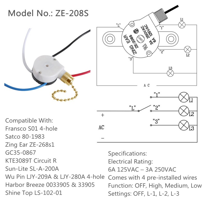 Ceiling Fan Switch 2PCS Zing Ear ZE-208S E89885 3 Speed