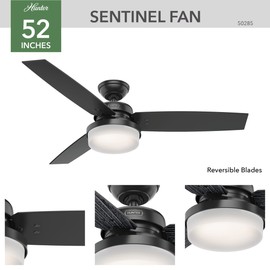 Hunter Fan Company, 50285, 52 inch Sentinel Matte Black Ceiling Fan with LED Light Kit and Handheld Remote