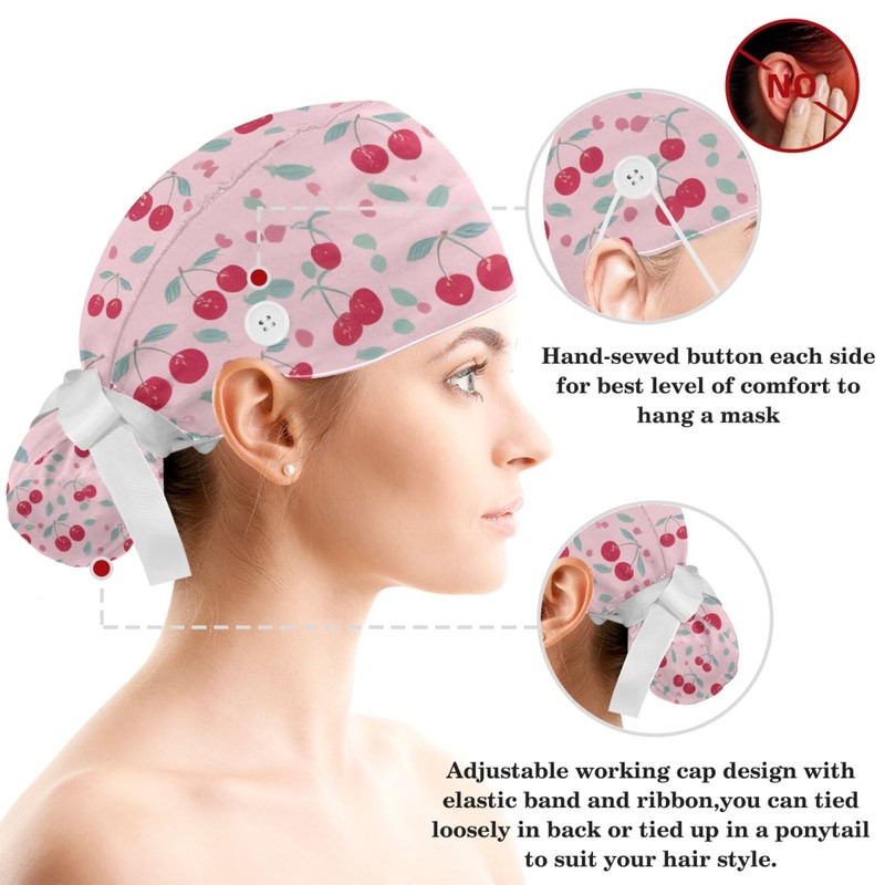 Scrub Caps Women with Button,Adjustable Surgical Caps with Ponytail Pouch,Cherry