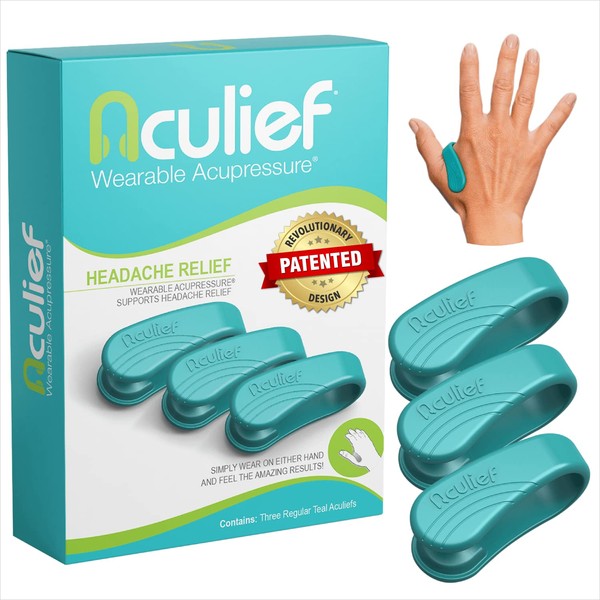 Aculief - Acupressure Tool - Award Winning Acupressure Clip for Natural Relief of Headaches, Migraines, Tension - Portable Acupressure Set - 3 Pieces (Regular/Teal)