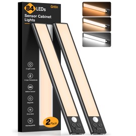Gritin 10.2inch Under Cabinet Lighting Rechargeable -84 LED Super Bright,3-Color& 5 Level Brightness,4 Modes,Motion Sensor, Long Lasting- Easy Installation Magnetic Closet Lights -2 Pack-Black