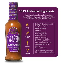 Tabañero Sweet & Spicy Hot Sauce, 5 oz Small Glass Bottle, Gourmet Sweet Sauce Gift, All Natural, Low Sodium, Made in the USA