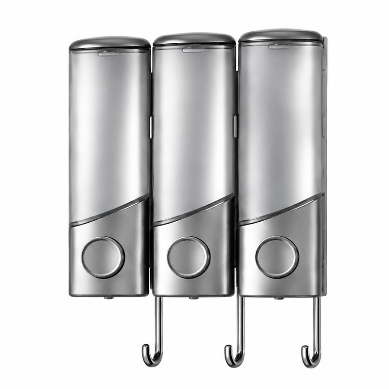 Wall Mounted Shampoo and Conditioner Dispenser with Hooks, 3-Compartment Refillable