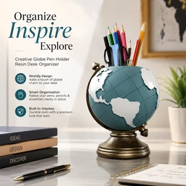 Globe Pen Holder for Desk Organization – Resin Geographic Pencil Cup for Office, Classroom & Home Decor