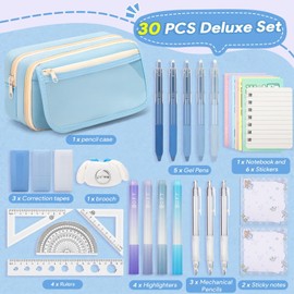 OPPZZIT 30 Piece Pencil Case Girls, Kawaii Stationery Set with 1 Blue Pencil Case, 5 Gel Pens, 4 Highlighters, 3 Mechanical Pencils, School Supplies Gifts & School Supplies for Girls