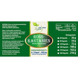 VITAIDEAL VEGAN® Horse Chestnut Fruits (Aesculus hippocastanum) 180 Capsules 600 mg Each Pure Natural without Additives