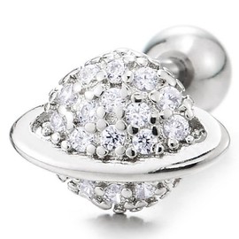 Womens Planet Stud Earrings, Saturn Design with Pave Cubic Zirconia, Cosmic Space Fashion Jewelry, Metal, Cubic Zirconia