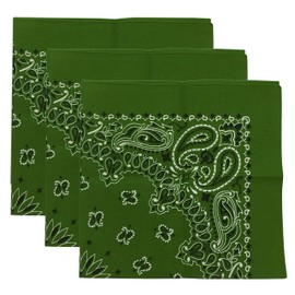 MexART Bandana, Set of 3, 100% Cotton, Large 22" x 22", Western Style, Paisley Print, Made in USA (Green)
