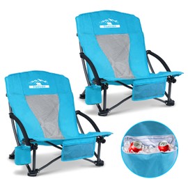 Tisetrail Portable Beach Chairs with Cooler Bag & Cup Holder - Set of 2 Lightweight Low-Back Folding Chairs (300lbs Capacity, Blue)