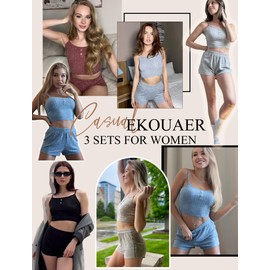 Ekouaer 3 Sets for Women Ribbed Pajamas Crop Cami Top and Shorts Pjs Casual Sleeveless Button Lounge Set Sleepwear Dark Grey/Wine/Grey,Large