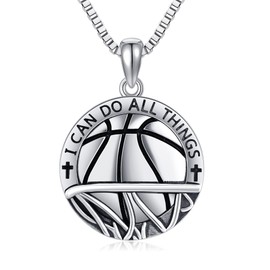 YAFEINI - Collar de baloncesto de plata de ley 925 Never Give Up I Can Do All Things - Colgante de baloncesto para hombres amantes del baloncesto, Sin piedra preciosa