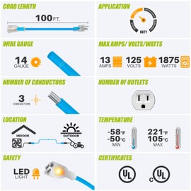 GearIT 14/3 Outdoor Extension Cord (100 Feet) 14 AWG Gauge - 3 Prong Plug - SJEOW Extreme Heavy Duty Cold Weather Indoor/Outdoor - Lighted LED Plug, Oil Water Weather Resistant - 100ft