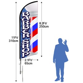QSUM Barber Shop Signs for Business, Barber Shop Feather Flags, 11FT Polyester Swooper Flag with Aluminium Alloy Flag Pole Kit, Stainless Steel Ground Stake for Business Advertising