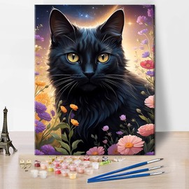 TISHIRON Black Cat DIY Paint by Numbers Kit for Adults Animals Paint by Numbers with Brushes Flowers Adults' Paint by Number Kits Kitten Acrylic Painting Kits for Gift Home Decor 16"x20"(Frameless)