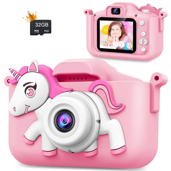 WEOLULI Kids Camera Birthday Gifts Toys for 3 4 5 6 7 8 Years Old Girls Boy,Christmas Toys for Girls Age 3-10,Toddler Cameras with Unicorn Silicone Cover with 32GB SD Card-Pink