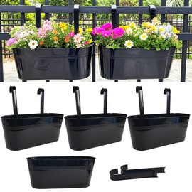 Joyfernal Hanging Planters for Outdoor Plants, 17" Railing Planter Pots, Metal Fence Flower Pot for Porch Balcony with Detachable Hook (Black, Pack of 4)