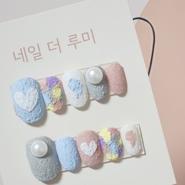  Heart pastel texture handmade nail tip  - Coffin /  하트 파스텔 텍스쳐 수제네일팁  - 코핀