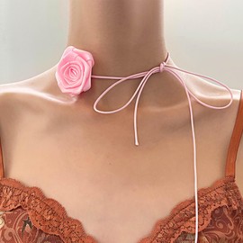 TseenYi Rose Flower Velvet Choker Necklace Vintage Pink Rose Choker Necklace Large Flower Suede Necklace Pink Flower Suede Necklace Lolita Long Wrap Neckalce Jewellery for Women and Girls, Leather