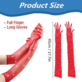 TouKingda Women's Sparkly Mesh Fingerless & Long Fish Net Gloves, 2 Pairs - Red