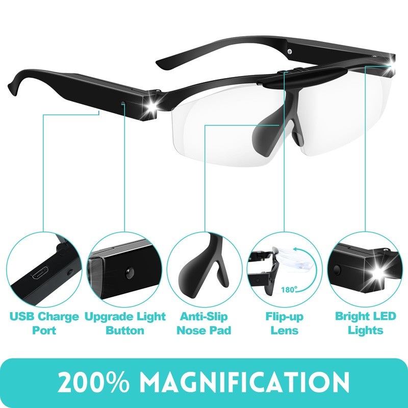 200% Magnifying Glasses with Light, Rechargeable LED Lighted Magnifying Eyewear,Flip-top