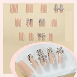 BABALAL Press on Nails Long Square Fake Nails Rhinestone French Tip Luxury Glue on Nails Metallic Cross Butterfly Charm Goth Acrylic Nails Manicure Bling False Nails 24Pcs Squoval Stick on Nails