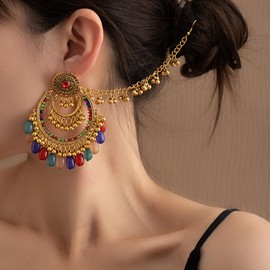 Colorful Beaded Indian Earrings for Women Gold Plated Cubic Zirconia Boho Tassel Dangle Earring Drop Chandelier Traditional Ethnic Gypsy Jewelry Bollywood Party Jhumka Festival Wedding Hair Accessory