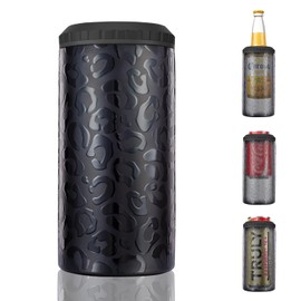 3 in 1 Slim Can Cooler for 12 OZ Skinny Can, Regular Can & Beer Bottle - Keep Cold for 6 Hours - Double Walled Insulated Stainless Steel Vacuum Beverage Can Insulator (Black Leopard)