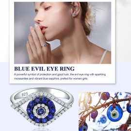 DAYBYDAY 925 Sterling Silver Evil Eye Ring Moissanite Sapphire Spiritual Turkish Blue Evil Eye Rings Protection Ring Jewelry for Women Size 7