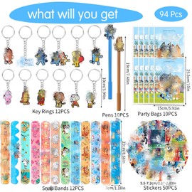 94Pcs Party Mitgebsel Kindergeburtstag Spielzeug Set mit 50 Aufkleber 12 Schlüsselanhänger 10 Geschenktüten 12 Schnapparmband 10 Gel Stift Mitbringsel Geschenk Kinder Party Zubehör Geburtstag Deko