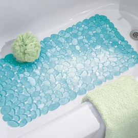 mDesign Soft Bath Mat with Suction Cups - Non-Slip Bath Mat Made of Durable and Resistant PVC - Blue Pebble Texture Bathroom Set - For Bathtub or Shower