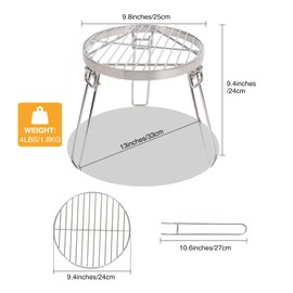 Lineslife Folding Campfire Grill Grate, Portable Stainless Steel Campfire Tripod for Dutch Oven Cooking, Open Fire Tripod Grill with Legs for BBQ Picnic Hiking, 9.8''