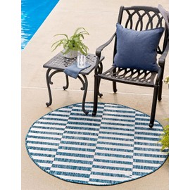 Unique Loom Outdoor Striped Collection Area Rug - Striped (7' 10" Round Blue/Ivory)